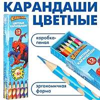 Карандаши цветные в пенале 12 цветов  "Человек-паук", Человек-паук, трёхгранный корпус