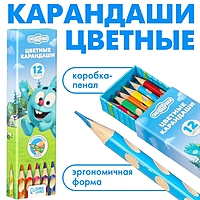 Карандаши цветные в пенале 12 цветов  "Смешарики", Смешарики, трёхгранный корпус
