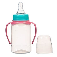 Бутылочка для кормления 150 мл цилиндр, с ручками, цвет бирюзовый/розовый