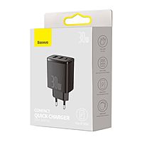 Зарядное устройство Baseus Compact Quick Charger 2*USB+USB-C, 3A, 30W, черный