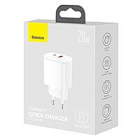 Зарядное устройство Baseus Compact Quick Charger USB+Type-C, 3A, 20W, белый