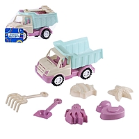 Песочный набор с грузовиком голубой-сиреневый(лопатка и грабли 19см, 4 формочки) JB5300566