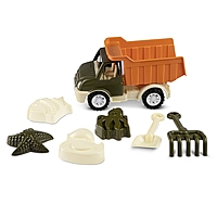 Песочный набор с грузовиком хаки-коричневый(лопатка и грабли 19см, 4 формочки) JB5300672