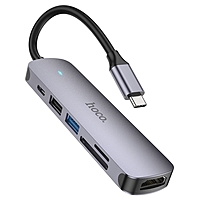 Адаптер Hoco HB28, HDTV/USB3.0/USB2.0/SD/TF/PD, 60 Вт, 3 А, 13.5 см, серый
