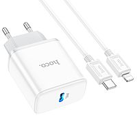 Сетевое зарядное устройство Hoco C104A, Type-C, 20 Вт, PD + QC, Type-C - Lightning,1 м,белое