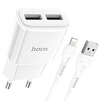 Сетевое зарядное устройство Hoco C88A, 2 USB, 2.4 А, кабель Lightning - USB, 1 м, белый