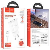 Сетевое зарядное устройство Hoco C88A, 2 USB, 2.4 А, кабель Lightning - USB, 1 м, белый