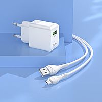 Сетевое зарядное устройство Hoco C98A, 1 USB, 18 Вт, QC, кабель Micro USB -USB, 1 м, белое