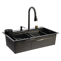 Кухонная мойка ZEIN M03, S=3.0 и 0.7мм, смеситель, корзины, разделочная доска, сифон, графит