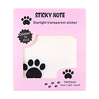 Блок с липким краем 75мм х 75мм 50л пластик прозрачные с блестками Кошачья лапка