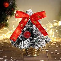 Искусственная ёлка настольная «Зимнее волшебство. Фестивальная, в горшочке», бантик яблоки, 22 см, ПВХ ветки отгибаются