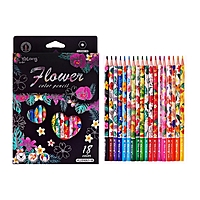 Карандаши 18 цветов в картонной коробке, шестигранные, деревянные,Цветы на чёрном МИКС