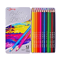 Карандаши 12 цветов, в металл пенале, треугольные, деревянные, Пейзаж,МИКС