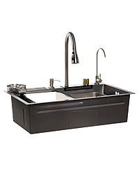 Кухонная мойка ZEIN M05, S=3.0 и 0.7 мм, смеситель, корзины, кран для питьевой воды, сатин