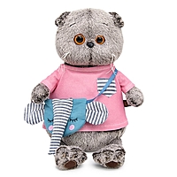 Мягкая игрушка «Кот Басик» 19 см, в футболке и с сумочкой - слоником