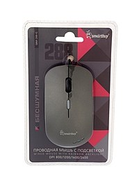 Мышь Smartbuy 288, проводная, оптическая, 4 кнопки, 2400 dpi, USB, с подсветкой, серая