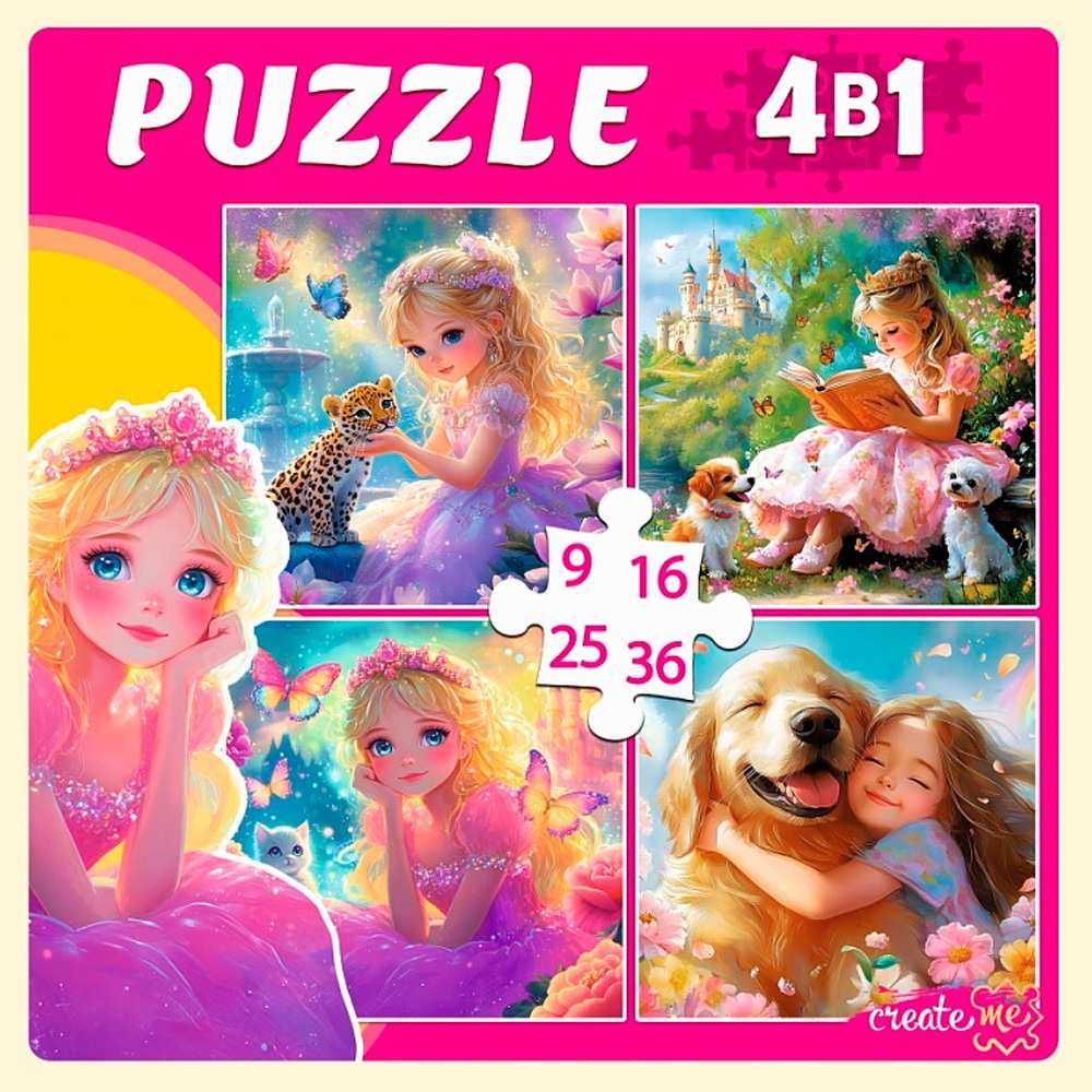 Пазл 4 в 1 Принцессы с любимыми животными 9-16-25-36 эл.