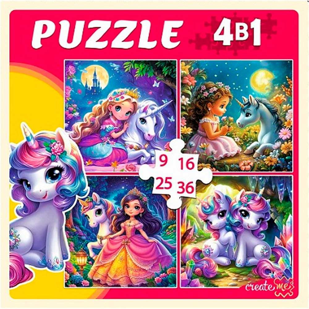 Пазл 4 в 1 Принцессы и сказочные единороги 9-16-25-36 эл.