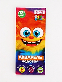 Акварель 12 цветов, упаковка картон "Монстрик"