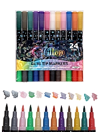 Фломастеры 12 штук, 24 цвета, с блёстками, двусторонние, в пластиковой коробке