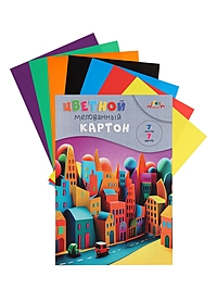 Картон цветн А4 7л 7цв "Яркие домики", мелов, 1-ст, в папке