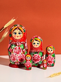Матрешка "Глаша", красное платье, розовые цветы, 18 см, 5 кукольная,ручная роспись