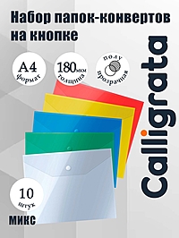 Набор 10 штук папки-конверты на кнопке, формат А4, 180мкр, 5 цветов