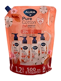 Жидкое мыло AURA Pure Cotto 2 в 1 «Миндаль и хлопковое молочко», для рук и тела, дой-пак, гипоаллергенное, 1.2 л