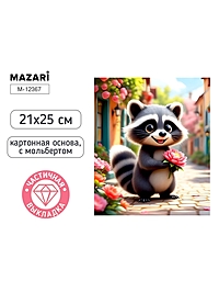 Алмазная мозаика с мольбертом. "Енот с лотосом." 21х25см, частичная выкладка.