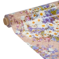 Клеенка столовая на ткани, ширина 125 см "Ромашки и полевые цветы", рулон 25 метров