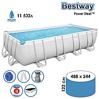 Бассейн каркасный Power Steel, 488 х 244 х 122 см, фильтр-насос, лестница, тент, 56670 Bestway