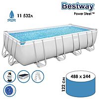 Бассейн каркасный Power Steel, 488 х 244 х 122 см, песчаный фильтр-насос, лестница, тент, 56671 Bestway