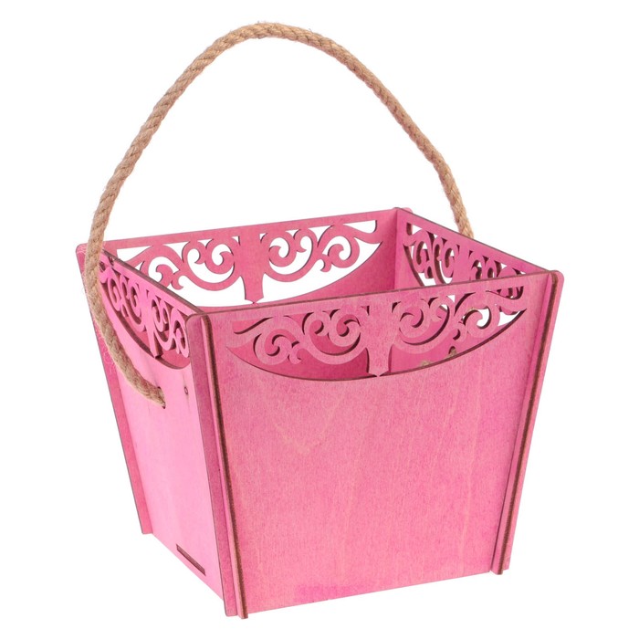 Корзина счастья 3. Корзинка кашпо деревянная. Коробка кашпо розовое. Кашпо флористическое, ручка- шнур.