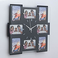 Часы настенные хайтек+8 фоторамок Квадраты налож черные (фото 6х9 см) 30х30 см